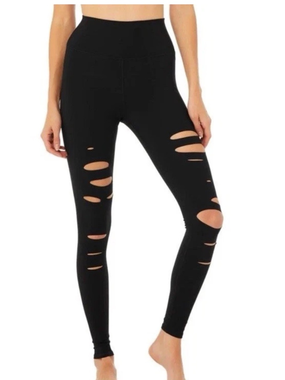 Alo Yoga High Waist Ripped Warrior Black Leggings Medium 25" Brushed Fabric Gym